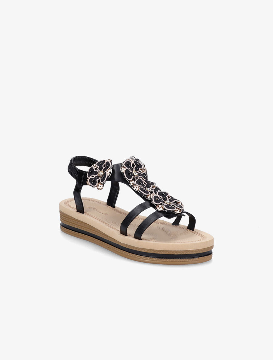 Nu-pieds à fleurs ornées de strass - Noir - 1