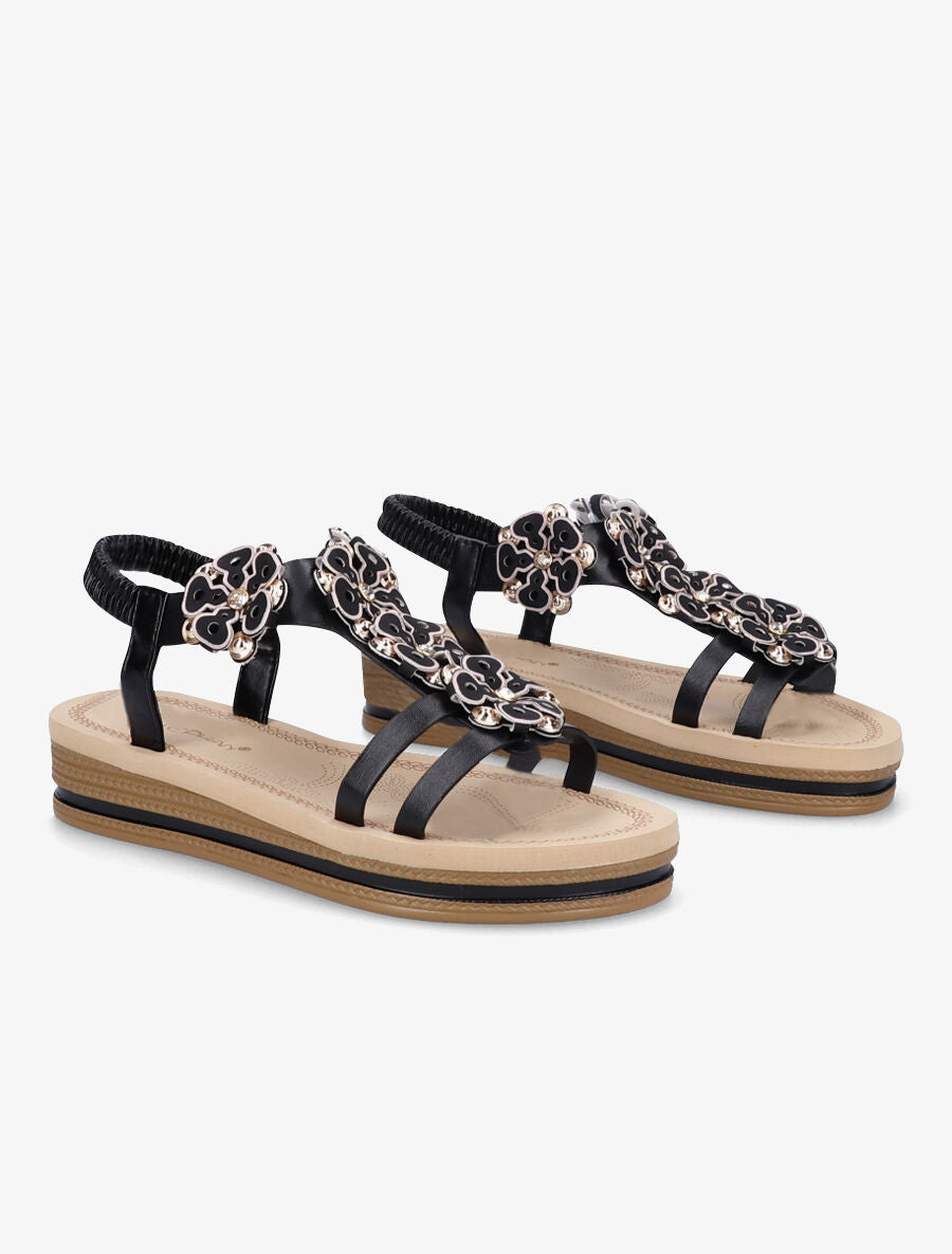 Nu-pieds à fleurs ornées de strass - Noir - 4