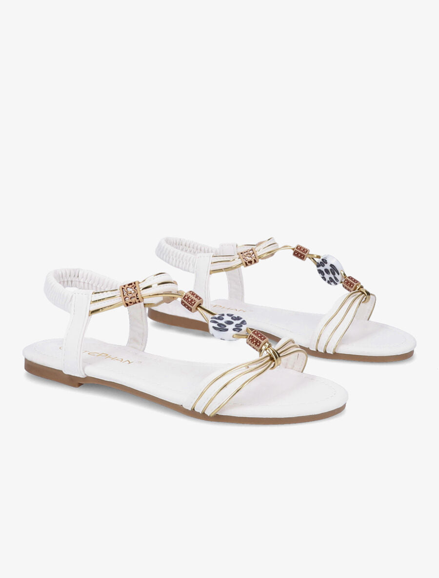 Nu-pieds à perles et liserés dorés - Blanc - 4