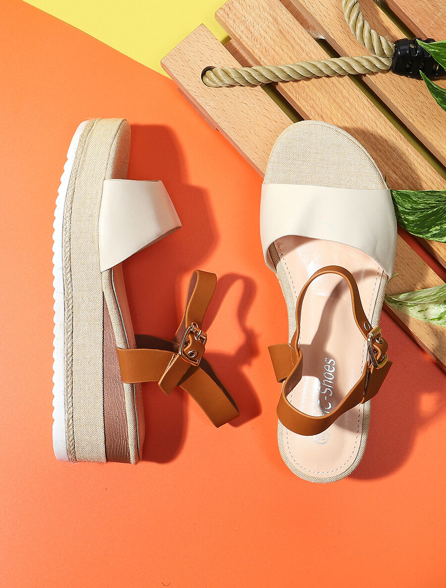 Sandales bi-matière à talon compensé - Beige - 5