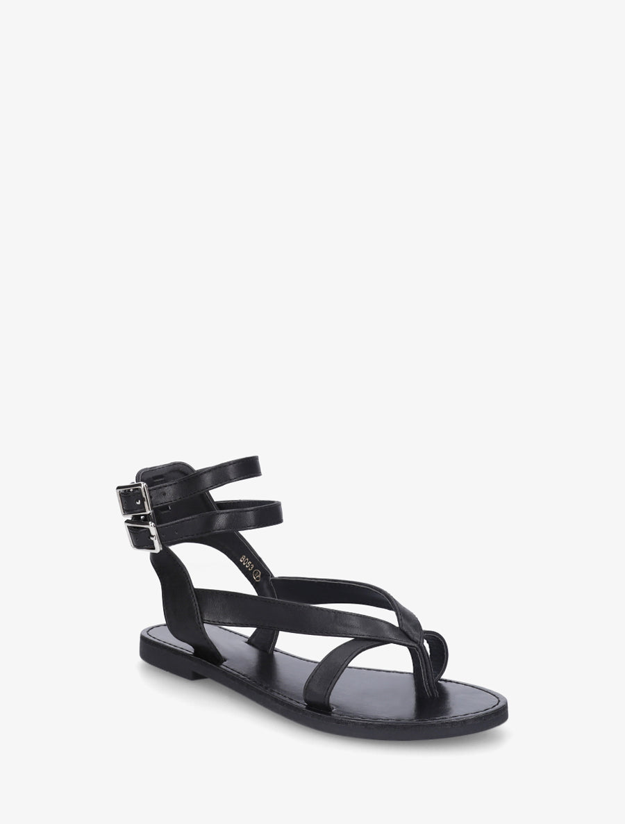 Nu-pieds uni en simili à double boucles - Noir - 2