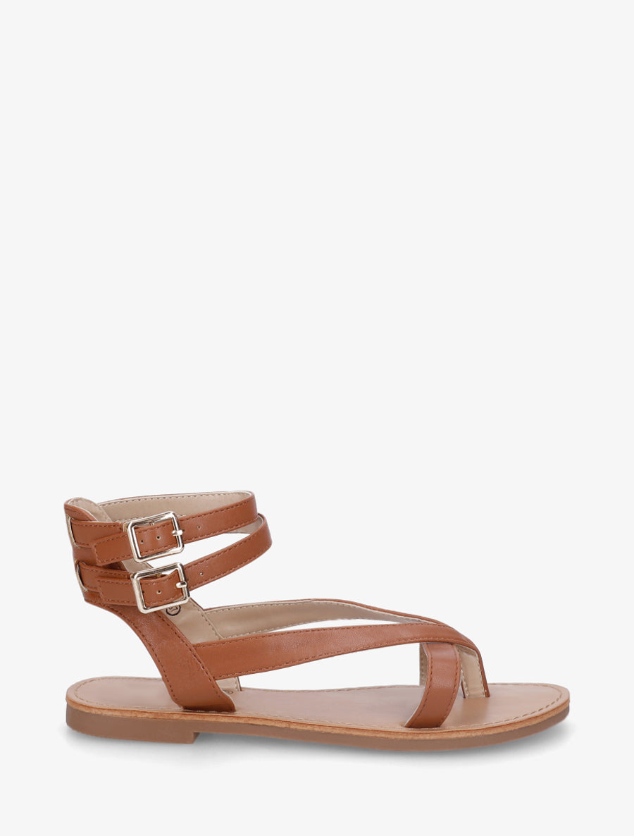 Nu-pieds uni en simili à double boucles - Camel - 1