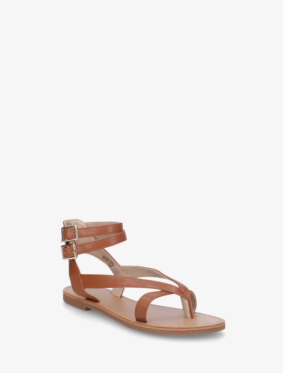 Nu-pieds uni en simili à double boucles - Camel - 2