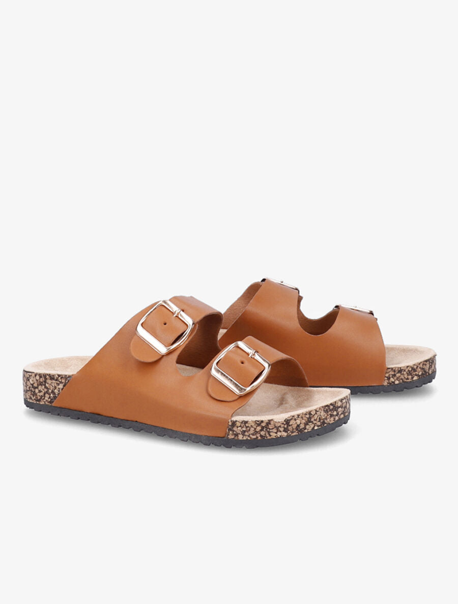 Claquettes en simili à double brides à boucle - Camel - 4