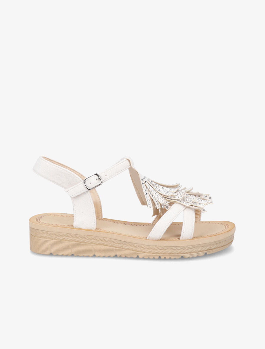 Nu-pieds en suédine à franges et strass - Beige - 1