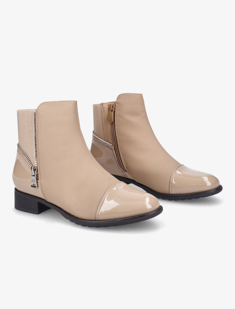 Bottines à bout vernis et zip décoratif - Taupe - 4