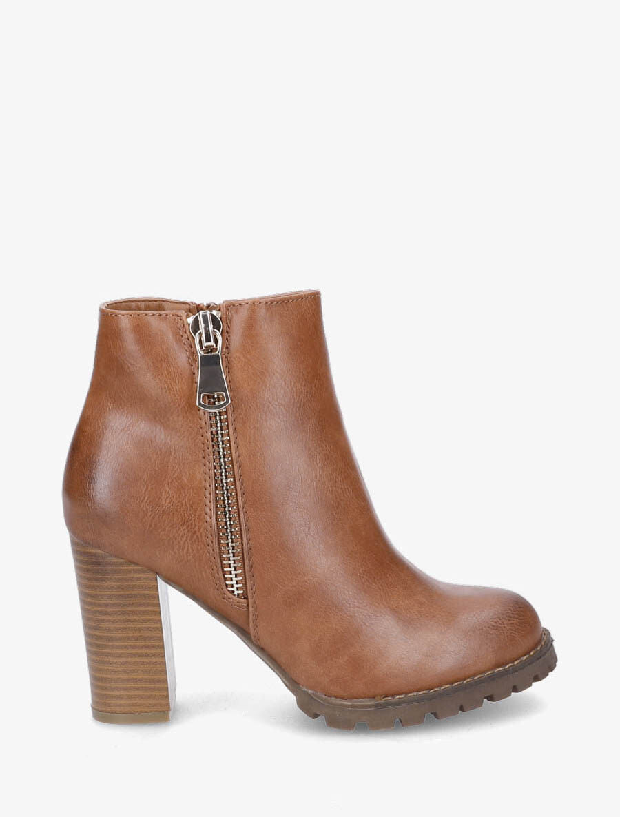 Bottines à talon et zip décoratif - Camel - 6