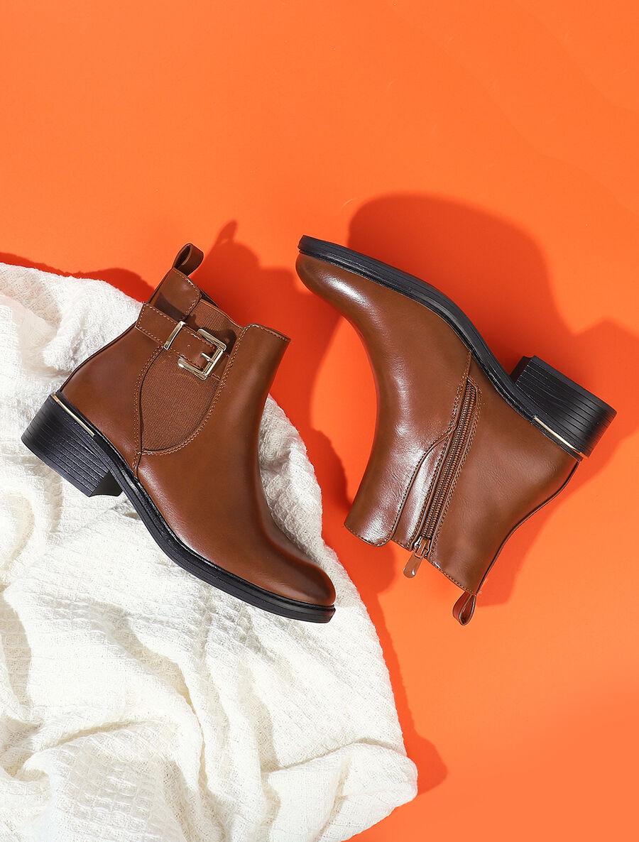 Bottines en simili à sangles et zip - Camel - 5