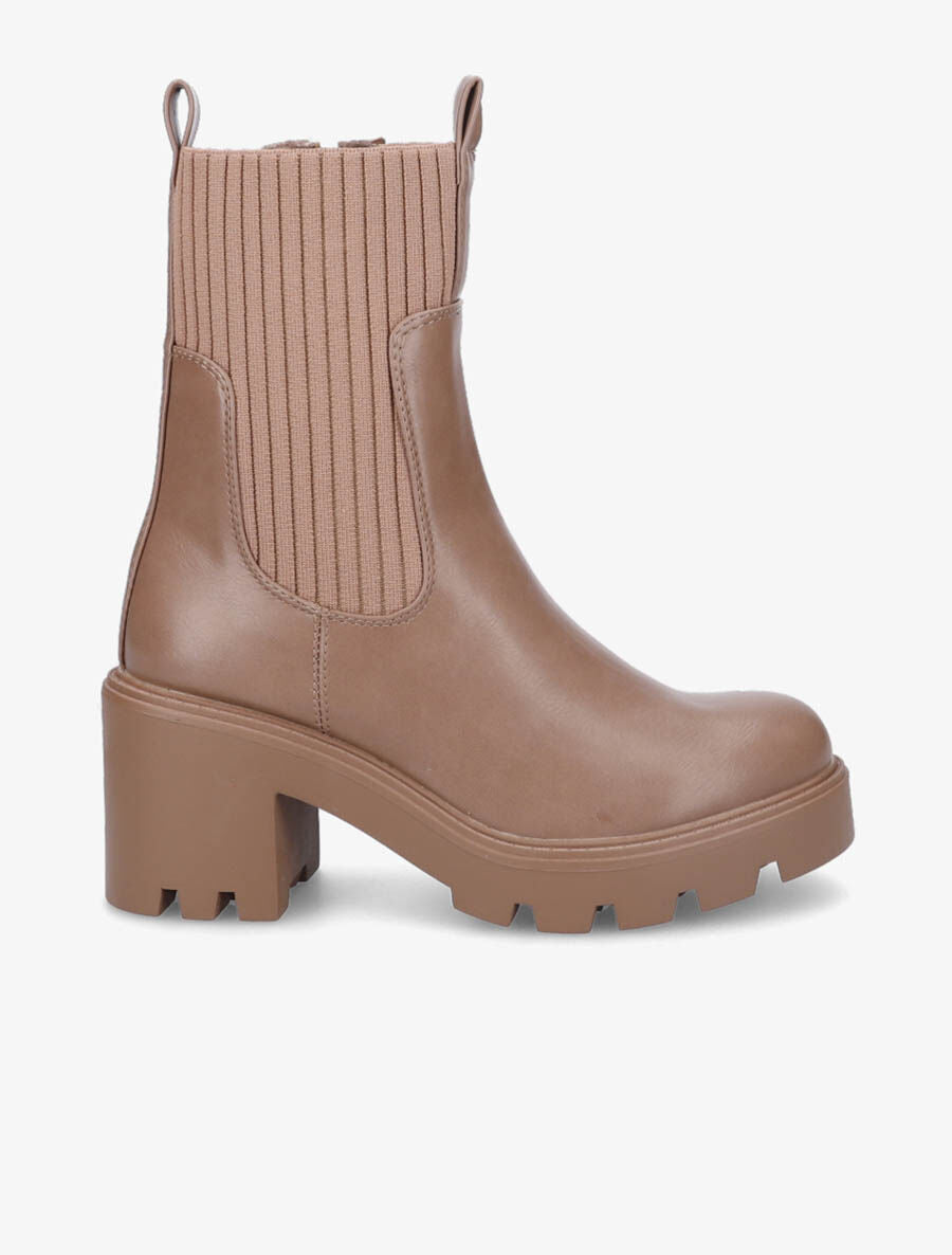 Bottines montantes à talon et ganse élastiquée côtelée - Camel - 5