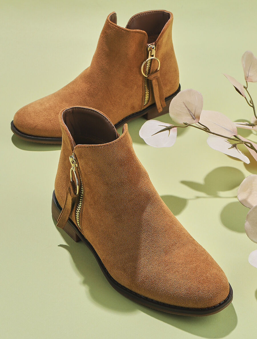 Low boots effet daim à pampille - Camel - 5