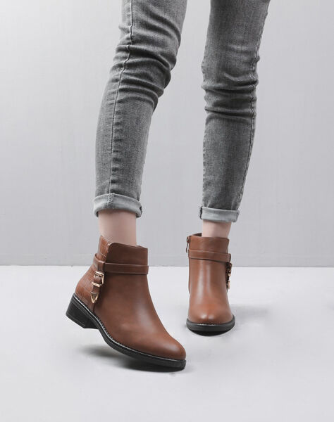 Bottines bi-matière à boucle métallique - Camel - 5