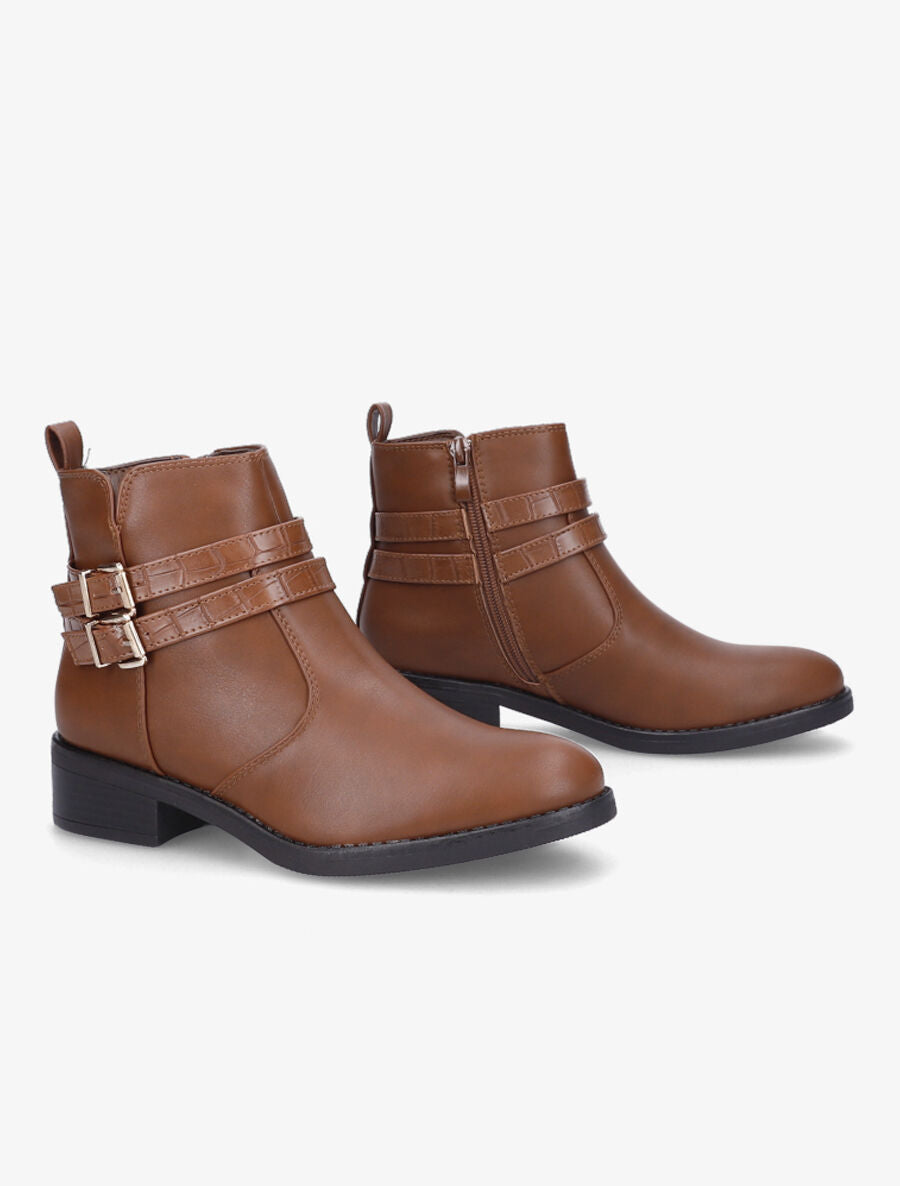 Bottines à double sangles croco - Camel - 4