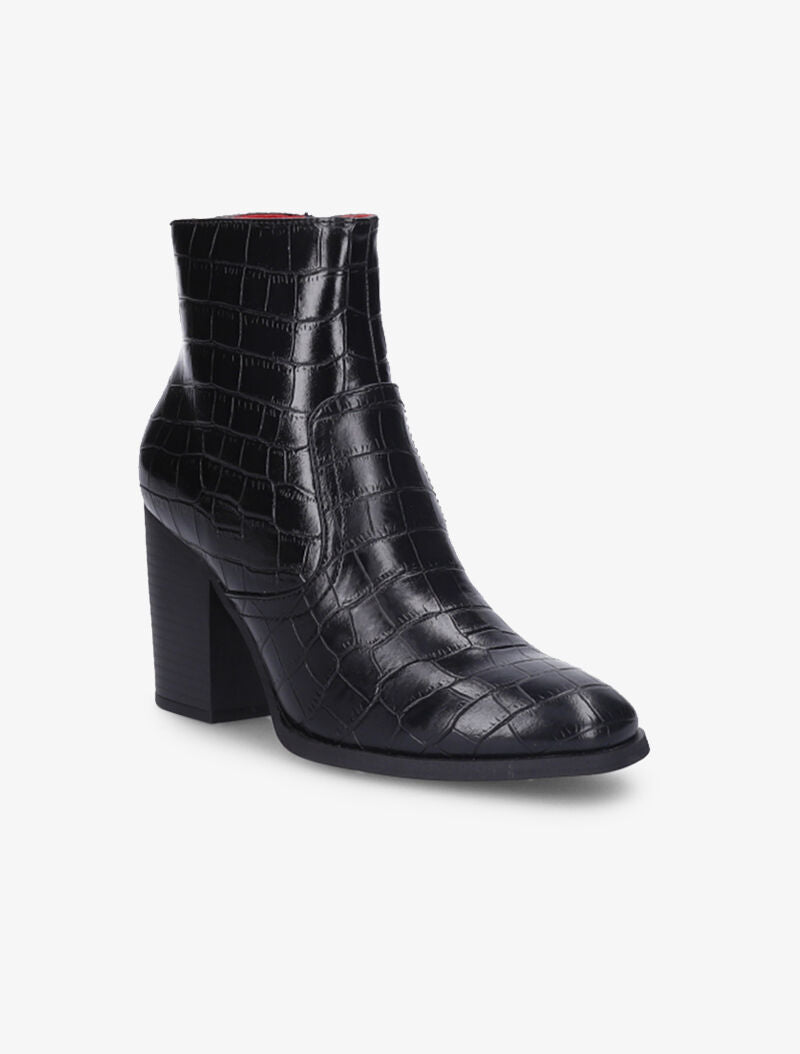 Bottines montantes effet croco à talons et bouts ronds - Noir - 3