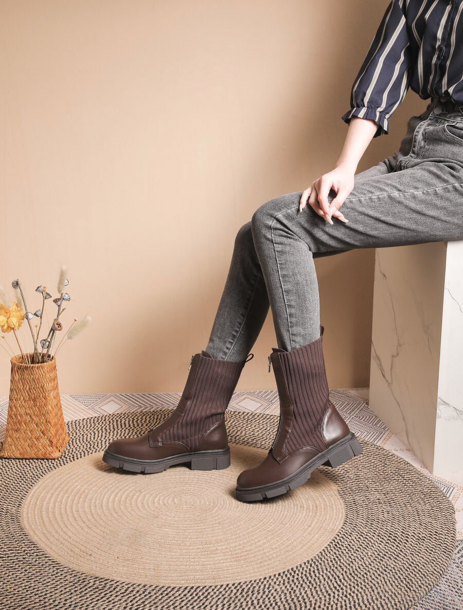 Boots zippées bi-matière - Marron - 5