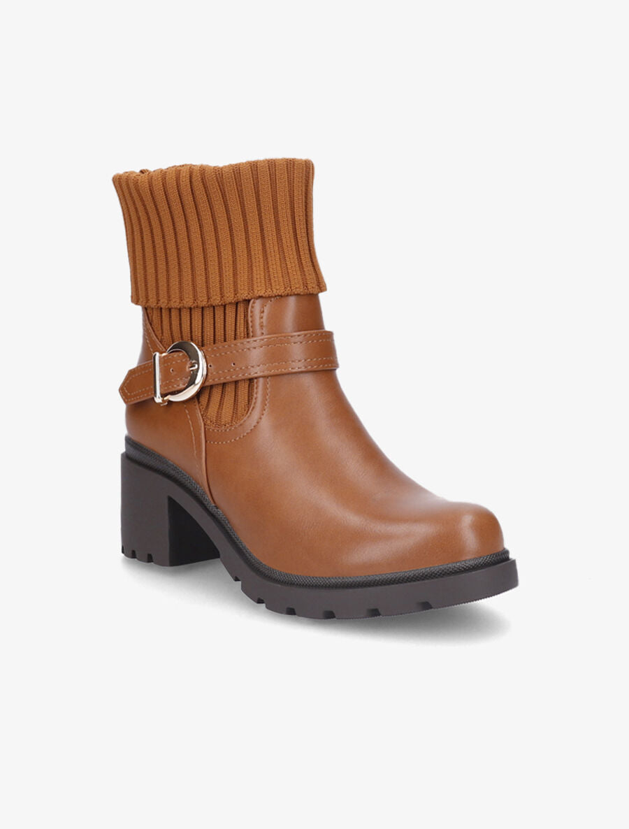 Boots côtelées à talon style motard - Camel - 2