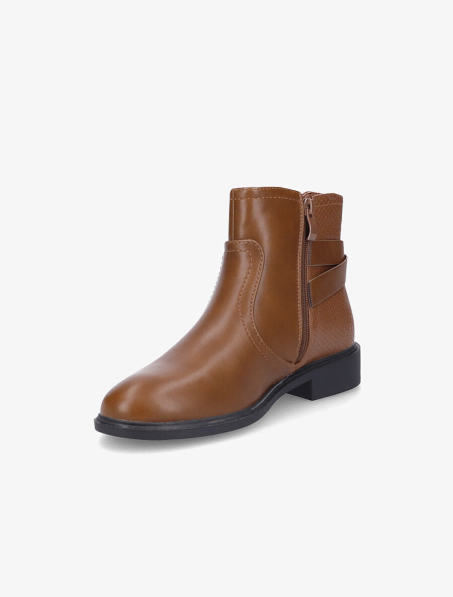 Bottines plates à contrefort effet python et sangles - Camel - 3