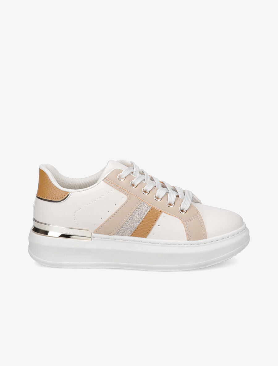 Baskets en simili à bandes contrastantes - Beige - 5