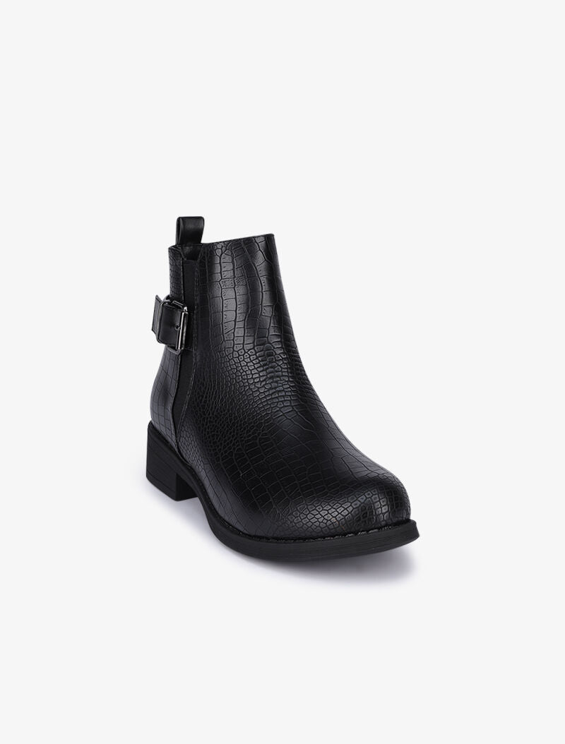 Bottines effet croco à bride à boucle carré - Noir - 3