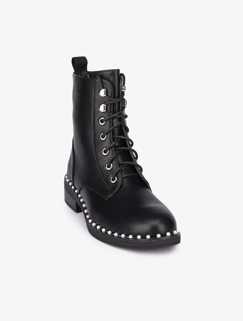Bottines montantes ornées de perles - Noir - 3