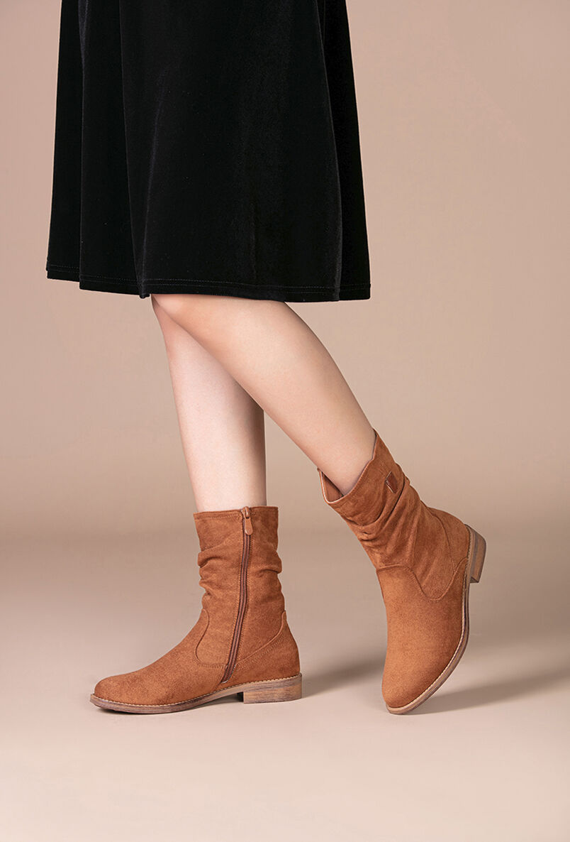 Bottines plissées en suédine - Camel - 5