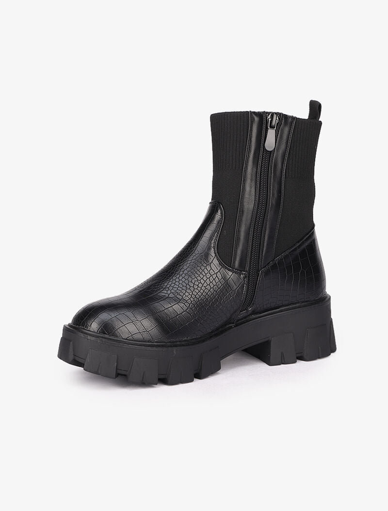 Bottines à semelles crantées effet croco - Noir - 4