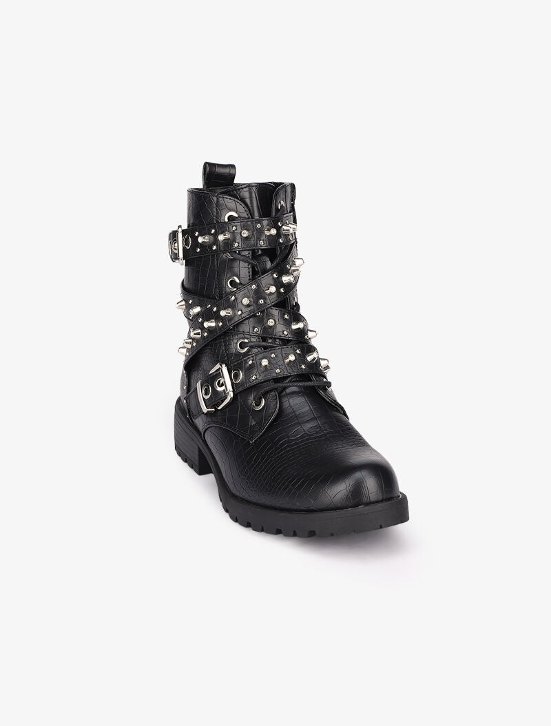 Bottines effet croco à sangles décoratives cloutées - Noir - 3