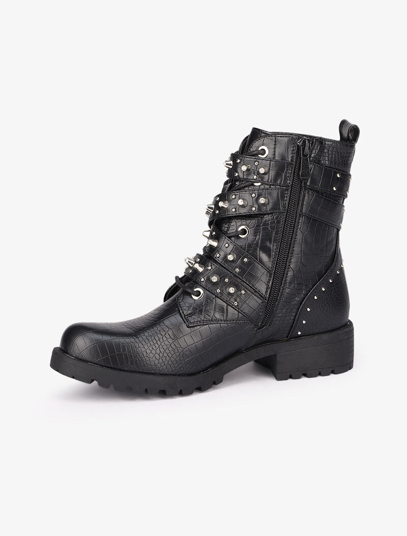 Bottines effet croco à sangles décoratives cloutées - Noir - 4