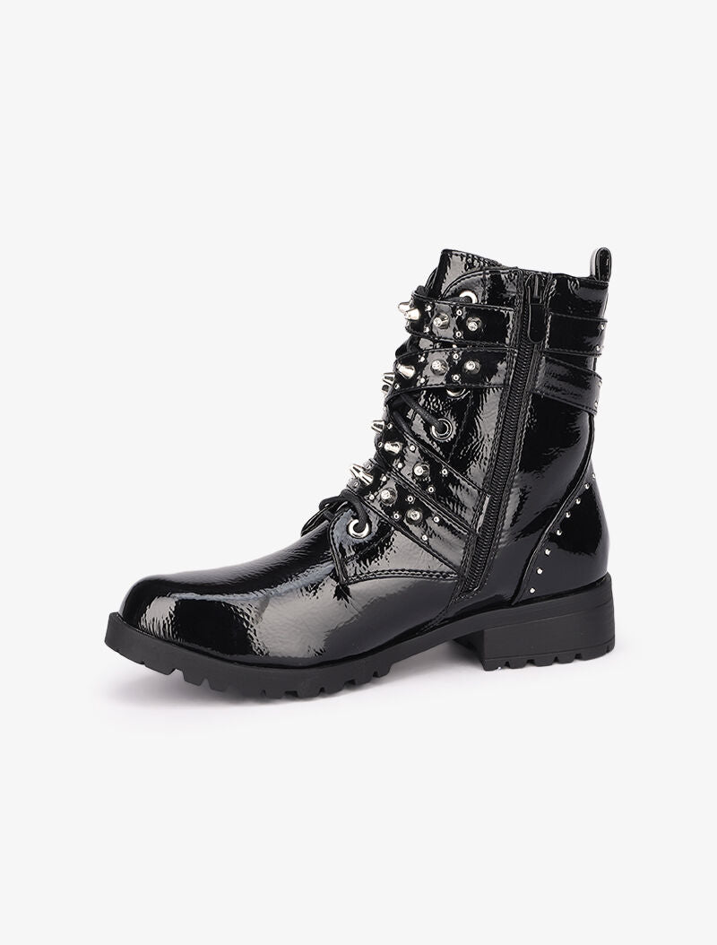 Bottines vernies à sangles décoratives cloutées - Noir - 4