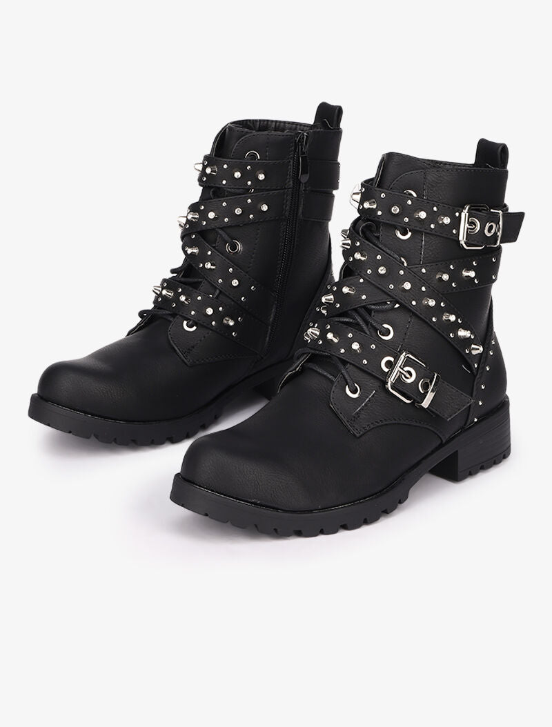 Bottines en simili à sangles décoratives cloutées - Noir - 1