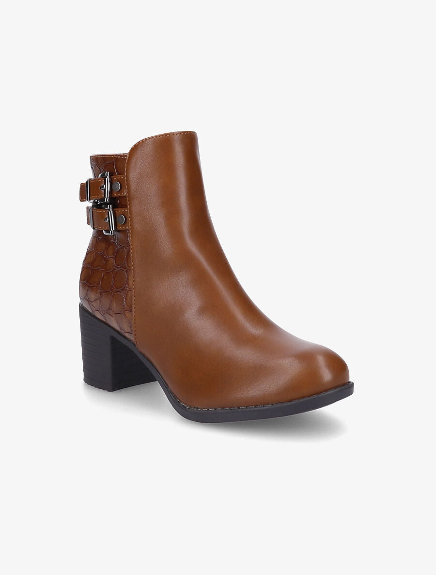 Bottines à boucles et contrefort croco - Camel - 2