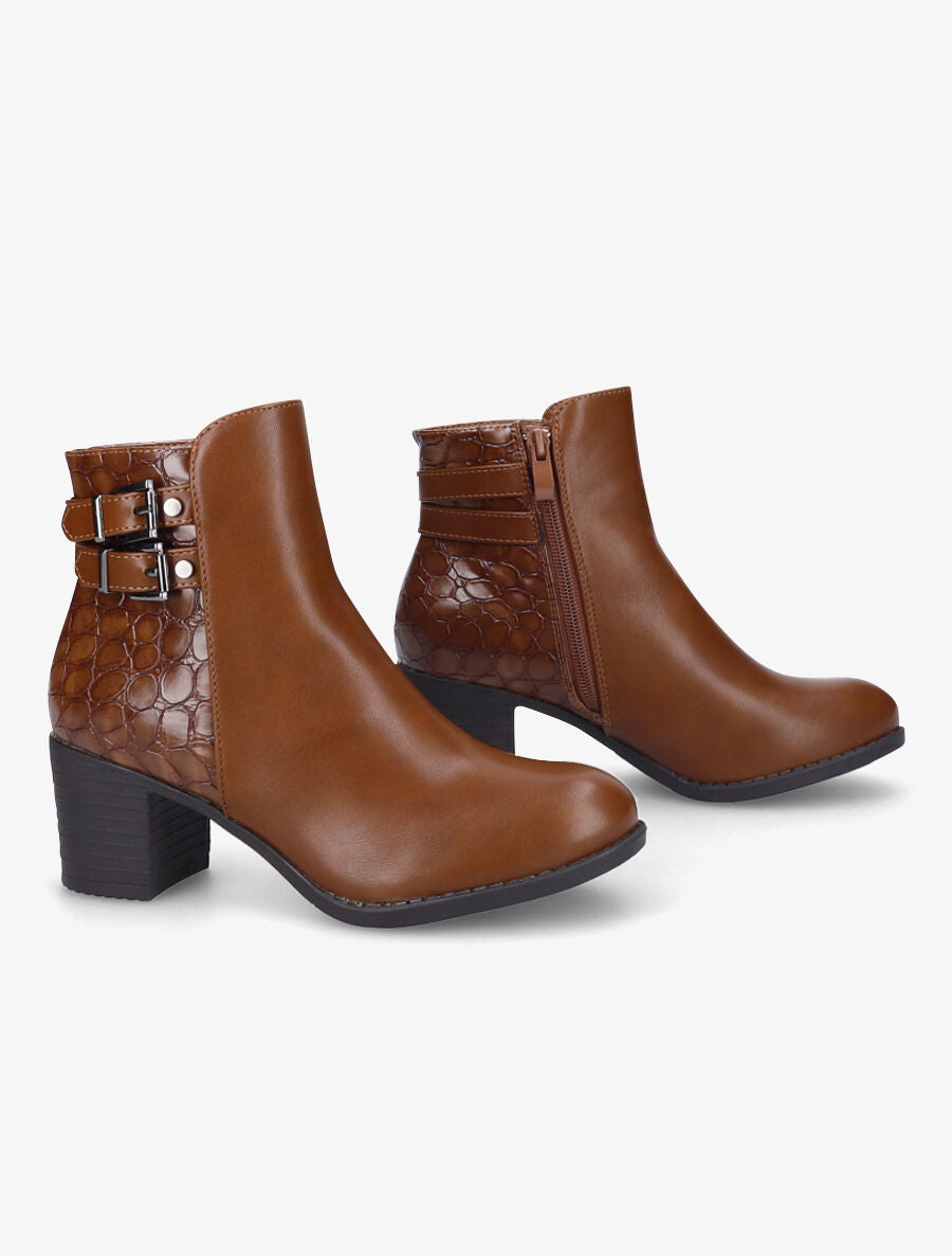 Bottines à boucles et contrefort croco - Camel - 4