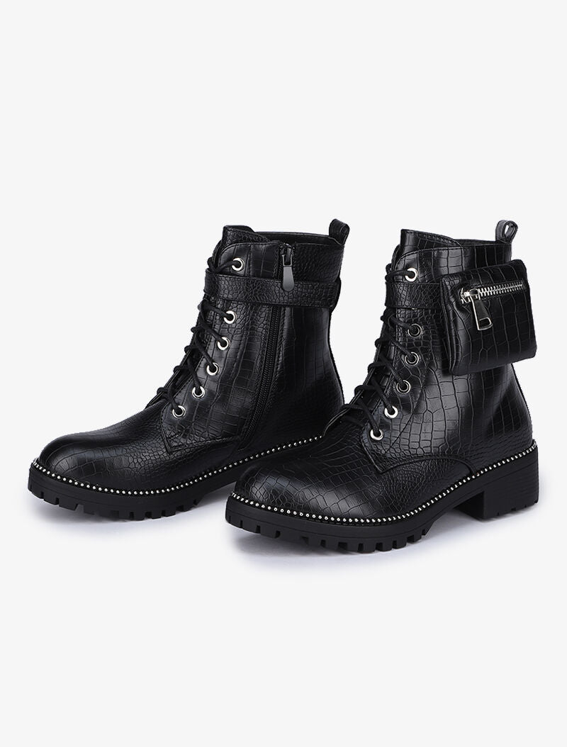 Bottines effet croco à bride et sacoche amovible - Noir - 5