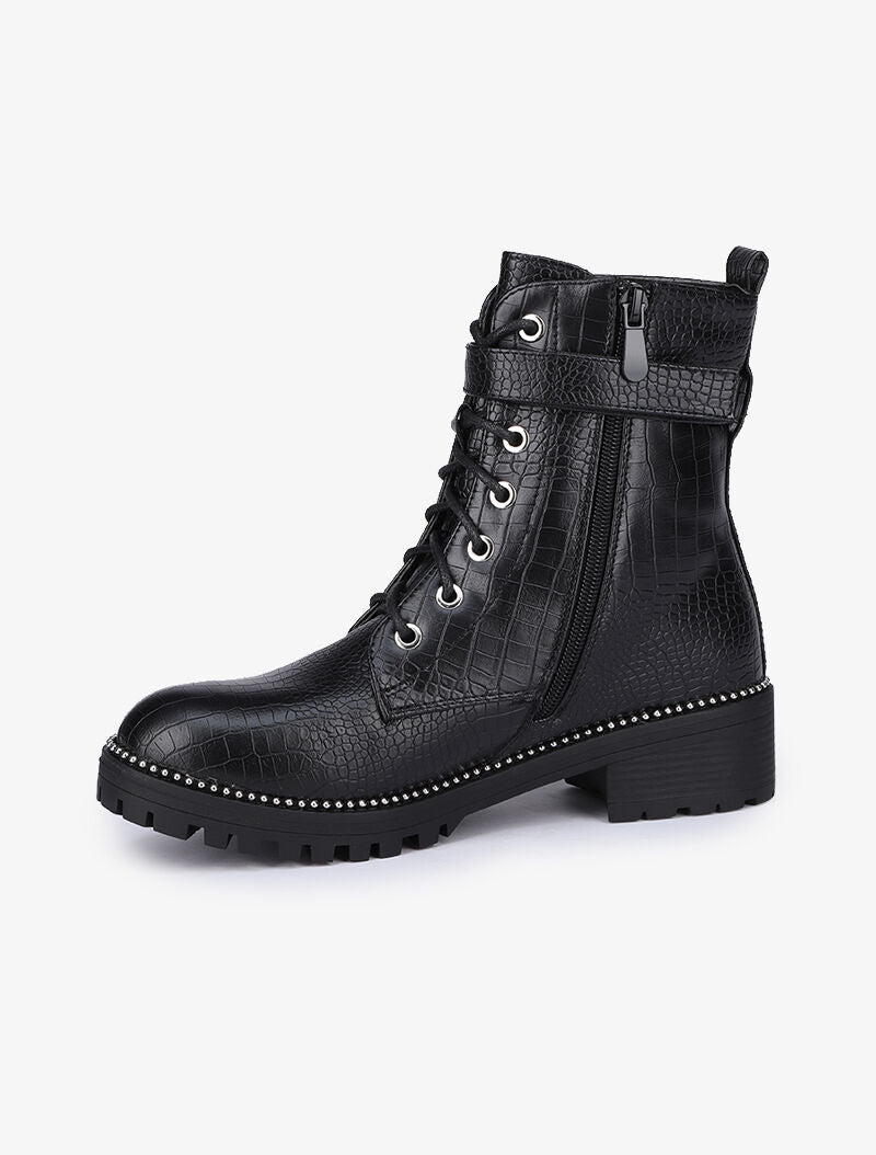Bottines effet croco à bride et sacoche amovible - Noir - 4