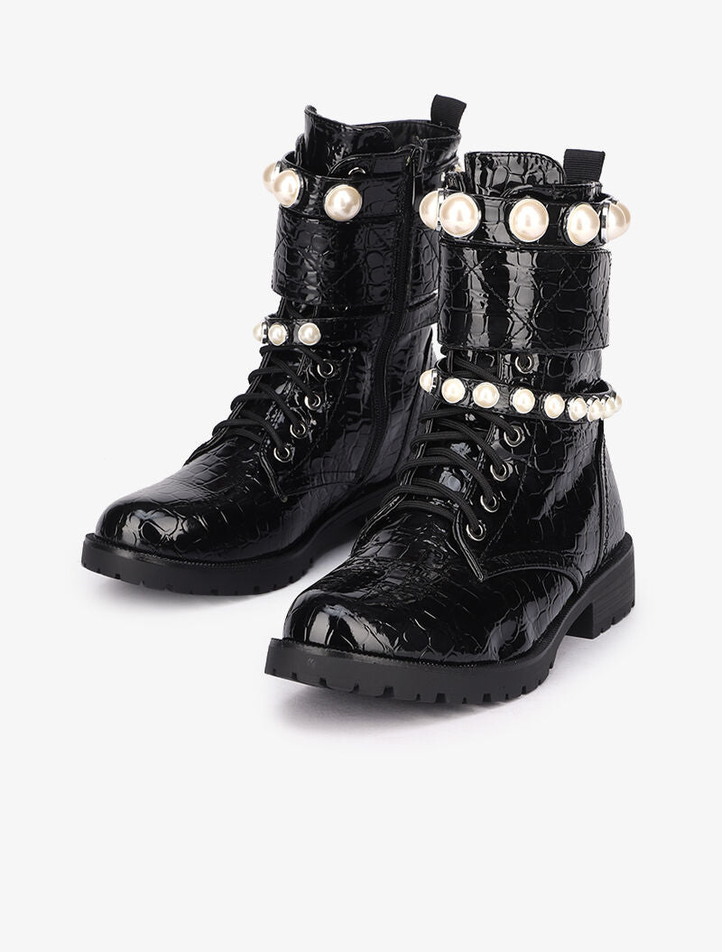Bottines vernies imprimé croco à brides perlées - Noir - 1