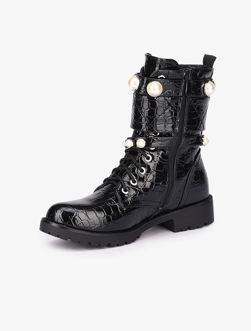 Bottines vernies imprimé croco à brides perlées - Noir - 4