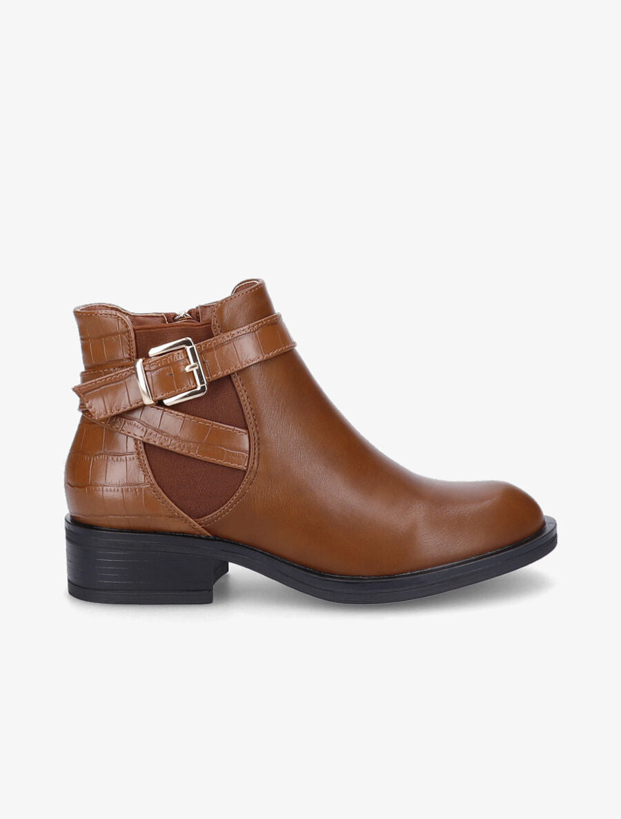 Bottines à contrefort et sangle croco - Camel - 1