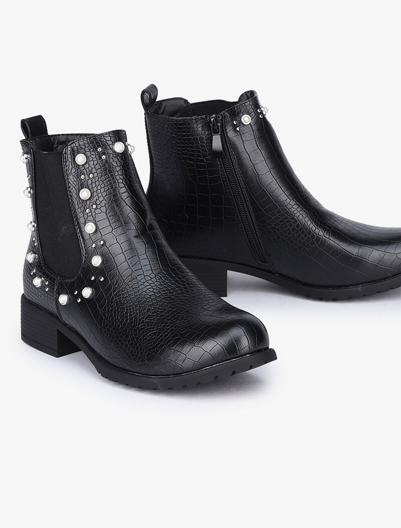 Bottines effet croco à details cloutés et perlés - Noir - 1