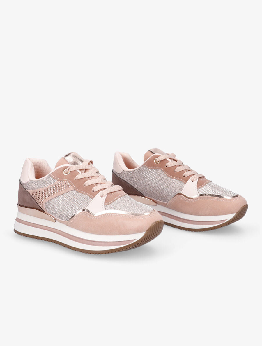 Sneakers en simili à strass et tissu irisé - Rose - 4