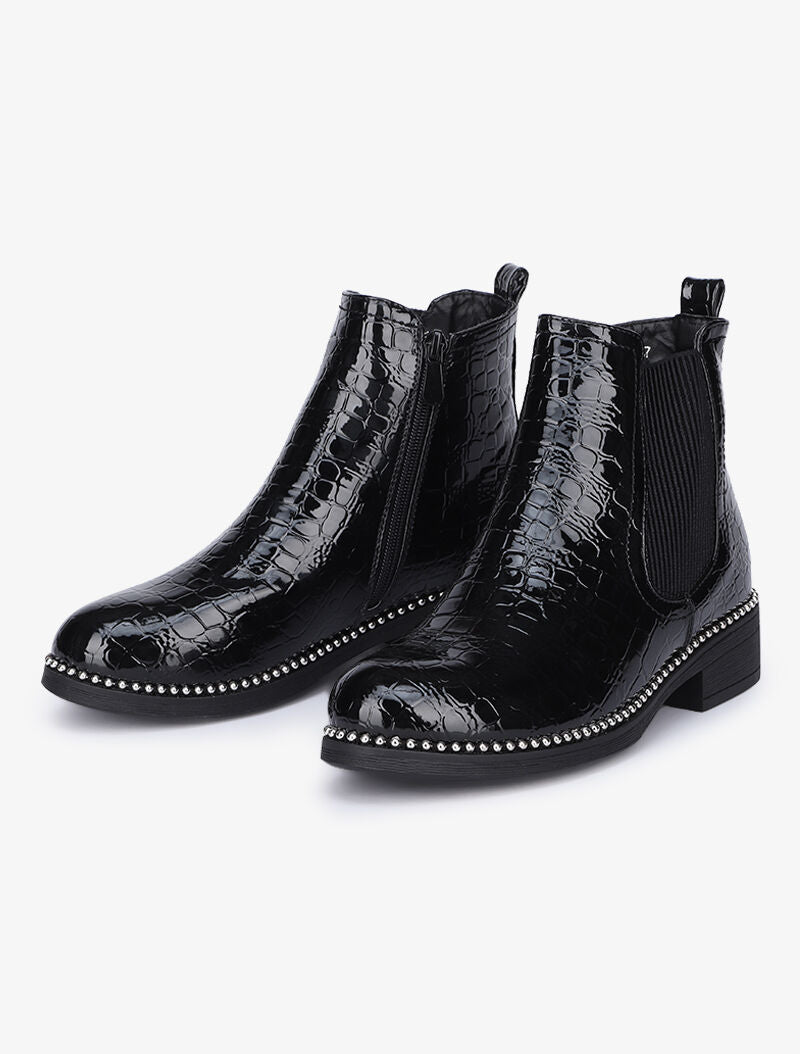 Bottines cloutées vernies à ganse côtelée - Noir - 1