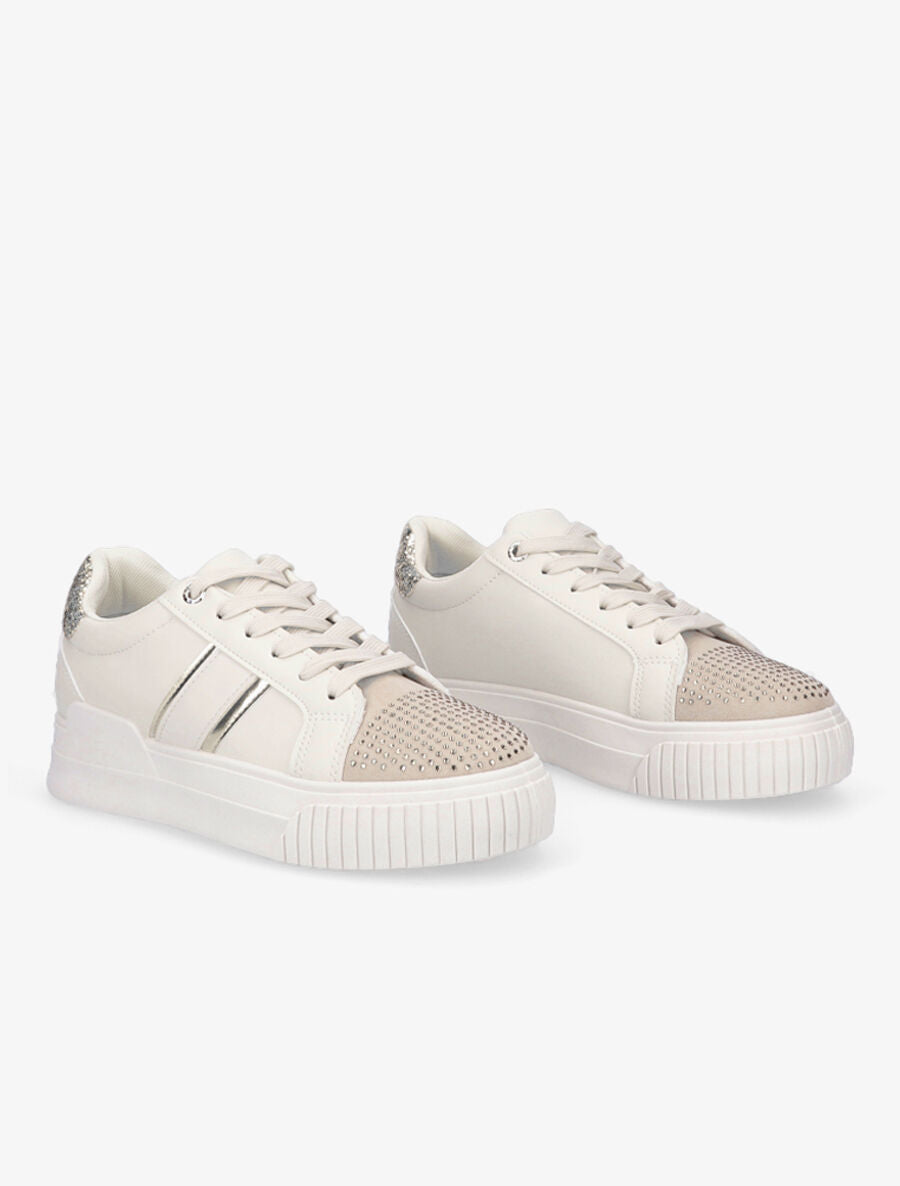 Sneakers en simili à strass et paillettes - Beige - 4