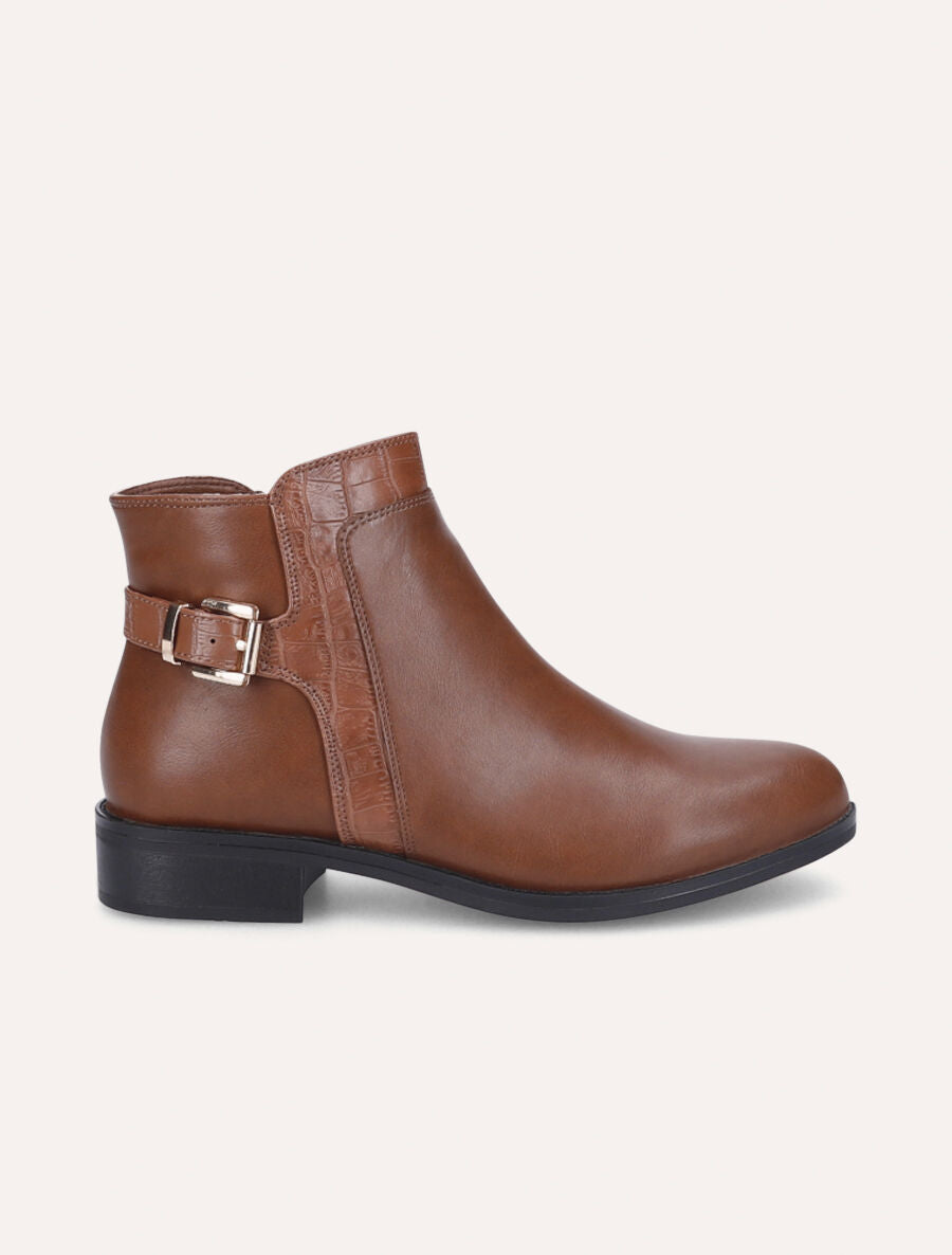 Bottines à boucle et empiècement croco - Camel - 5