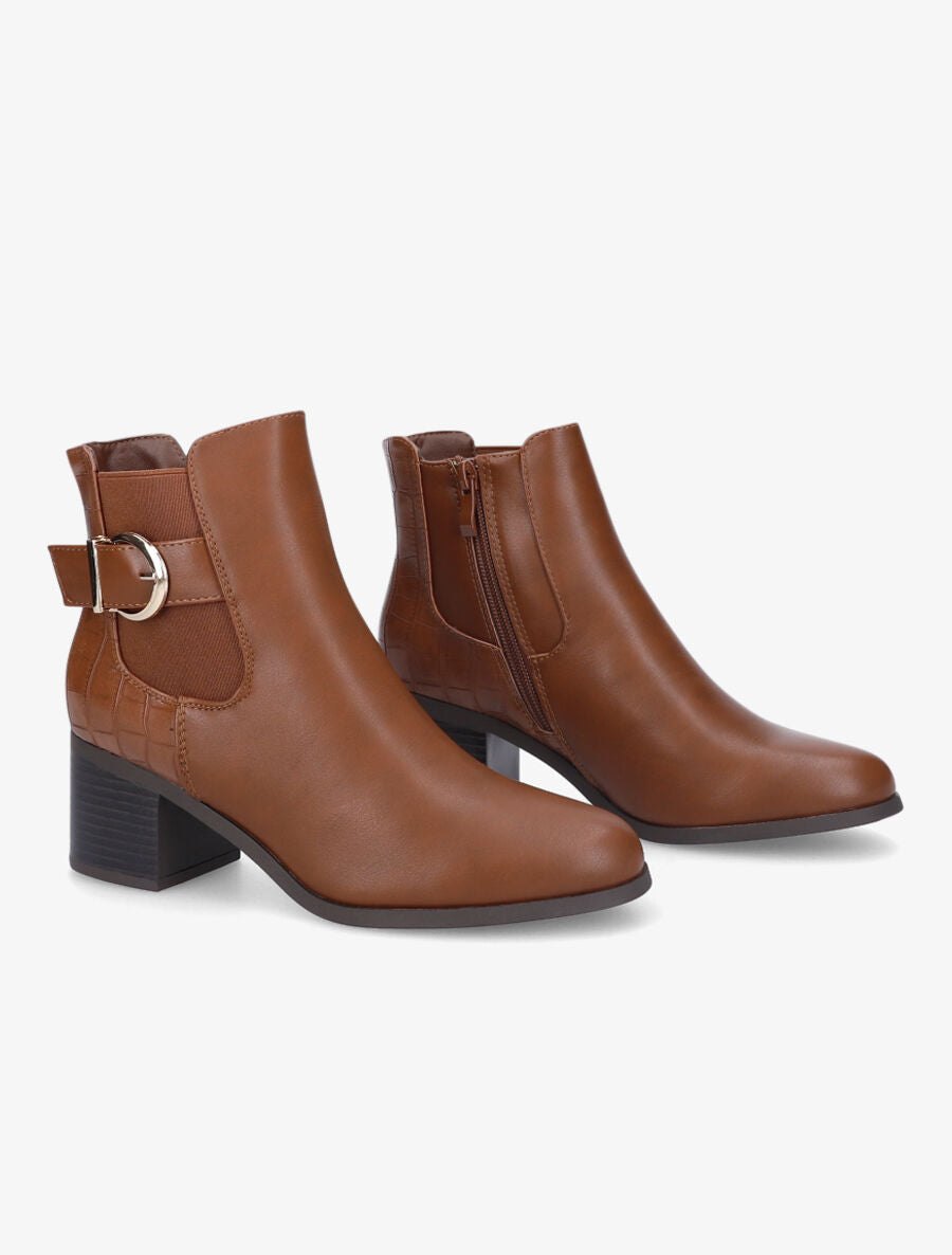 Bottines élastiquées à contrefort croco - Camel - 4