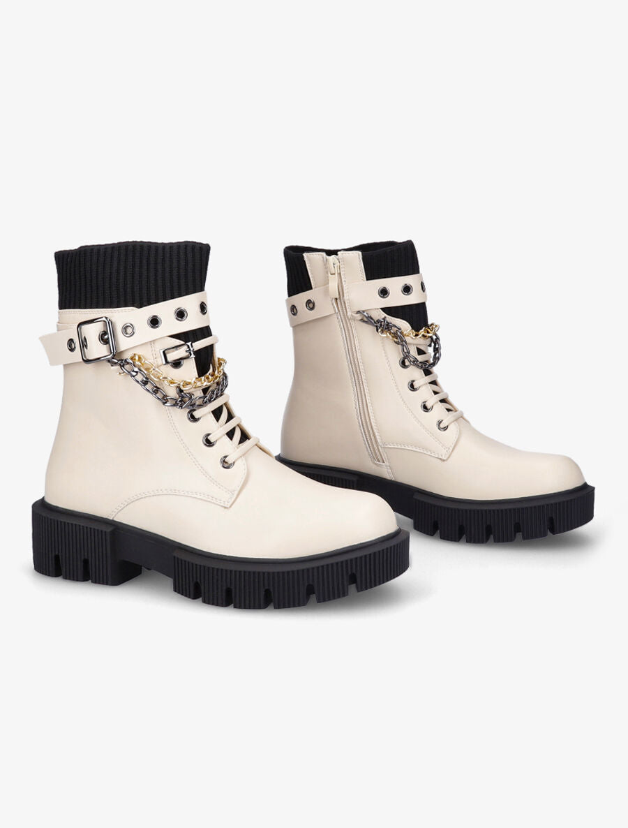 Bottines style rangers à chaînes - Beige - 4