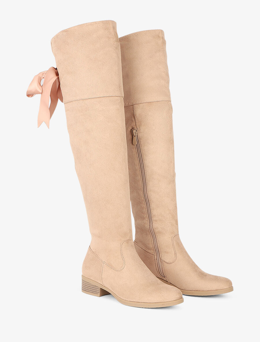 Cuissardes en suédine à ruban - Beige - 4
