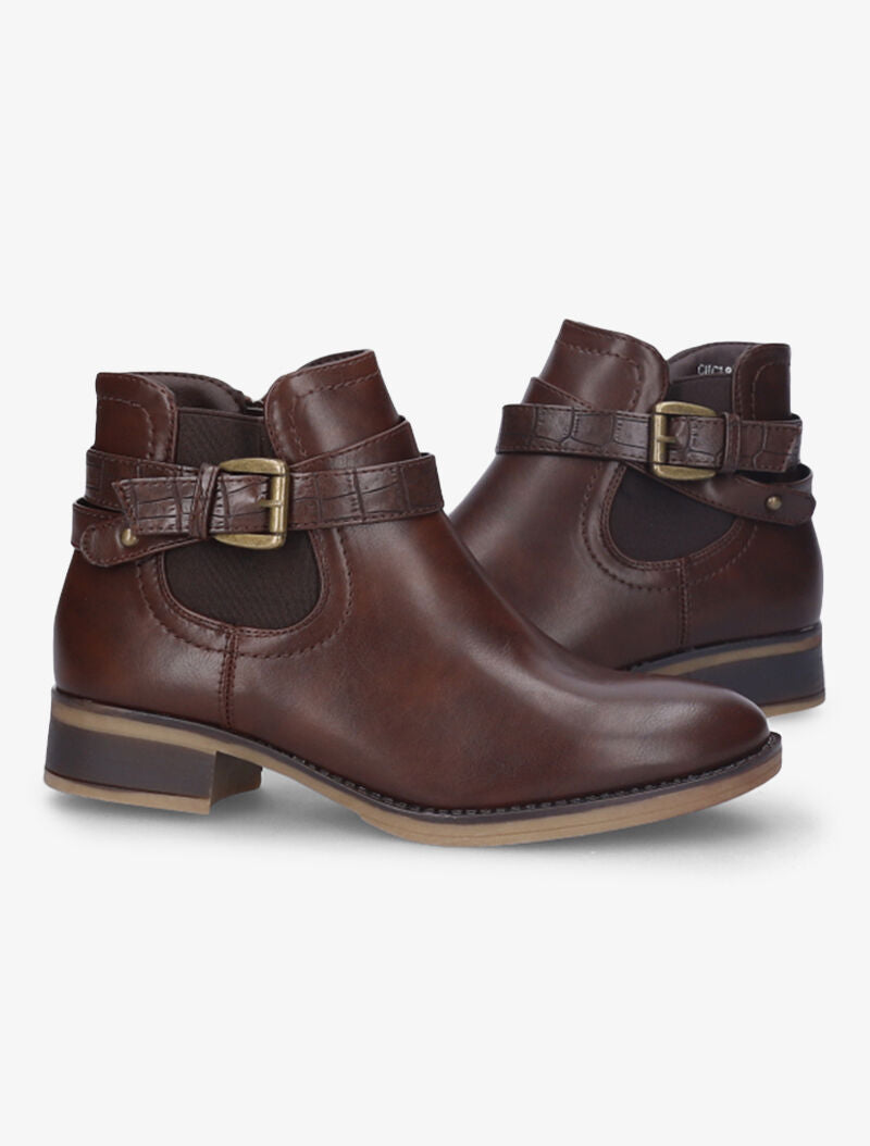 Low boots à sangle effet croco - Marron - 1