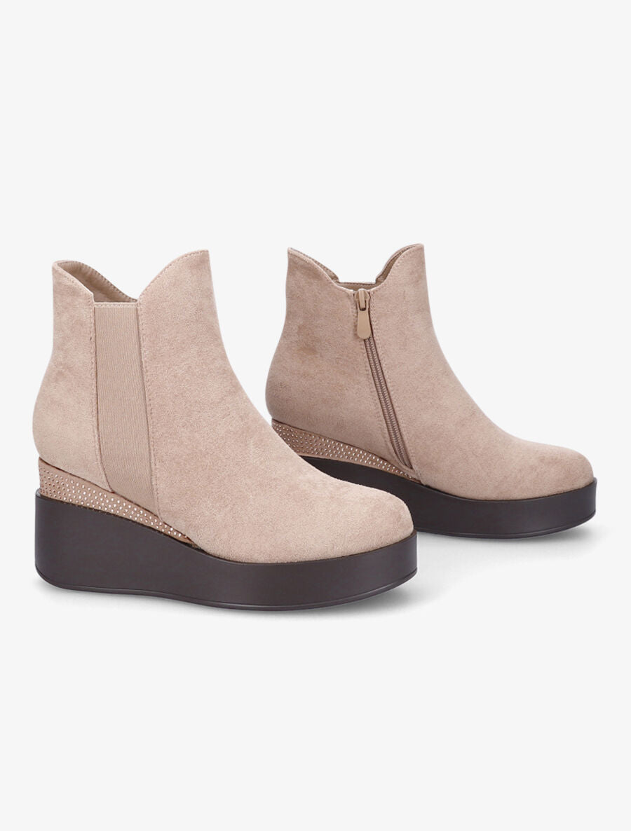 Bottines compensées en suédine à strass - Beige - 4