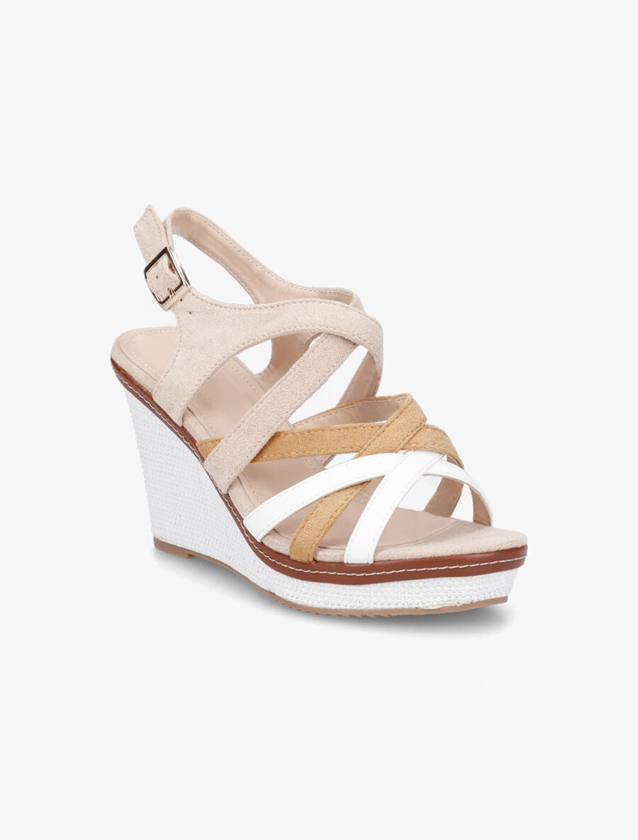 Sandales compensées en suédine et simili - Beige - 2