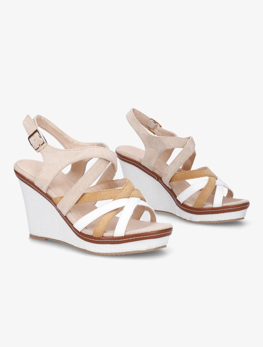 Sandales compensées en suédine et simili - Beige - 4