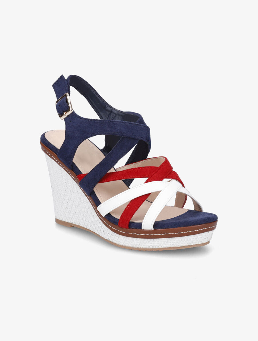 Sandales compensées en suédine et simili - Marine - 3