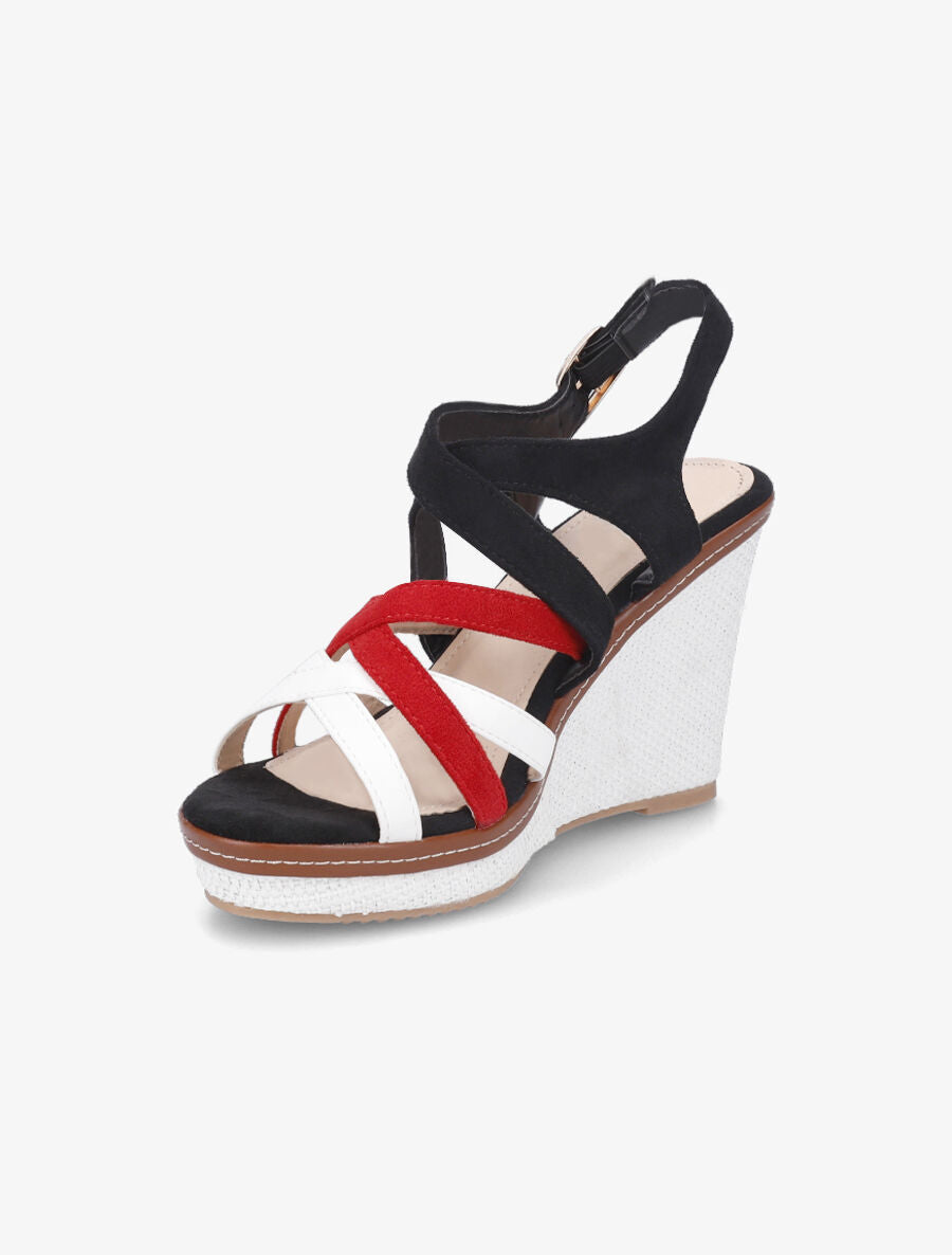 Sandales compensées en suédine et simili - Noir - 3